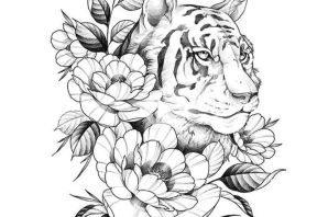 Эскиз львица с цветами