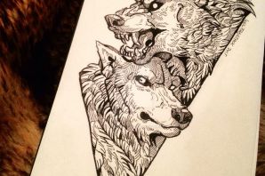 Эскиз волк и горы