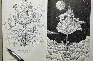 Пейзаж гелевой ручкой