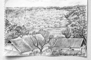 Деревенский пейзаж рисунок карандашом