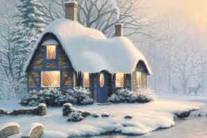 Зимний рисунок домик в лесу
