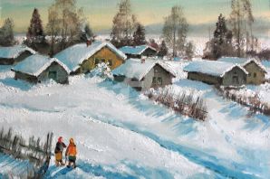 Деревня зимой рисунок