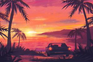 Закат с пальмами рисунок