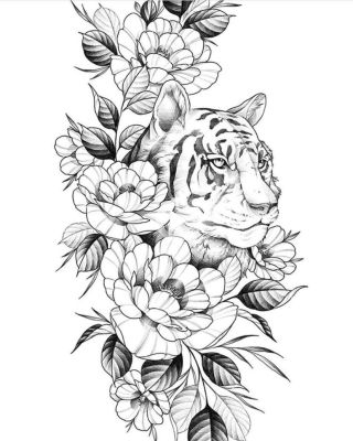 Эскиз львица с цветами