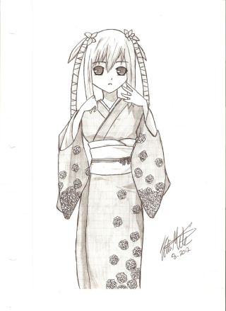 Японка в кимоно рисунок карандашом