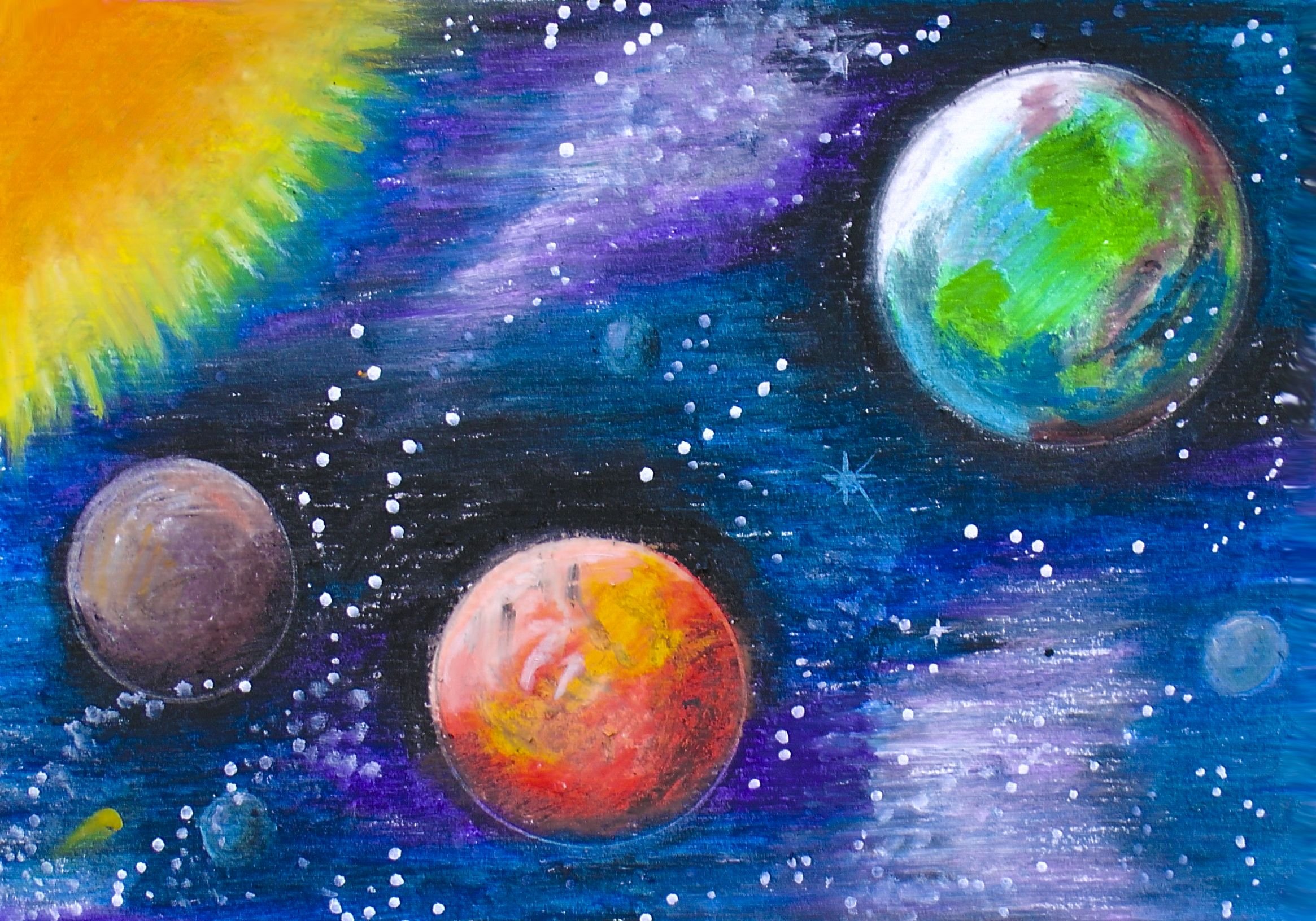 Космос рисунки цветные. Рисунок на тему космос. Космический пейзаж. Картина космос красками. Рисунки на тему космос акварелью.