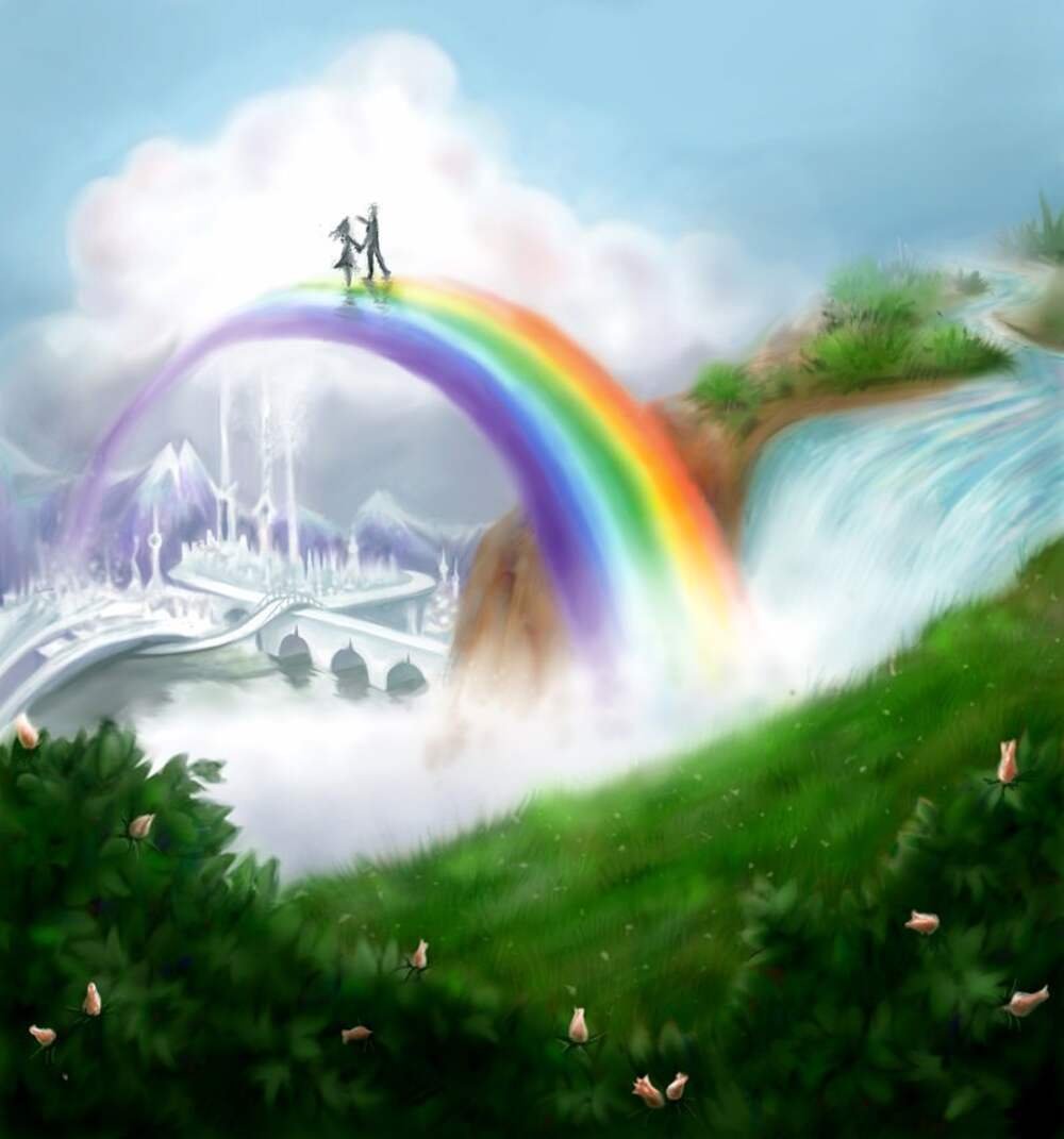 Этот мир существует лишь в моем воображении. Сказочный мир с радугой. Радуга рисунок. Мост радуги. Радуга и солнце.