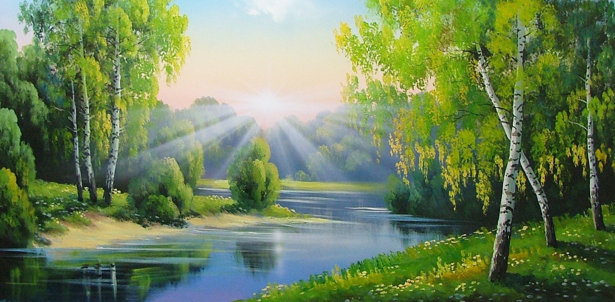 Рисунки природы днем. Берёзовая роща и река. Пейзаж береза Березовая роща озеро.