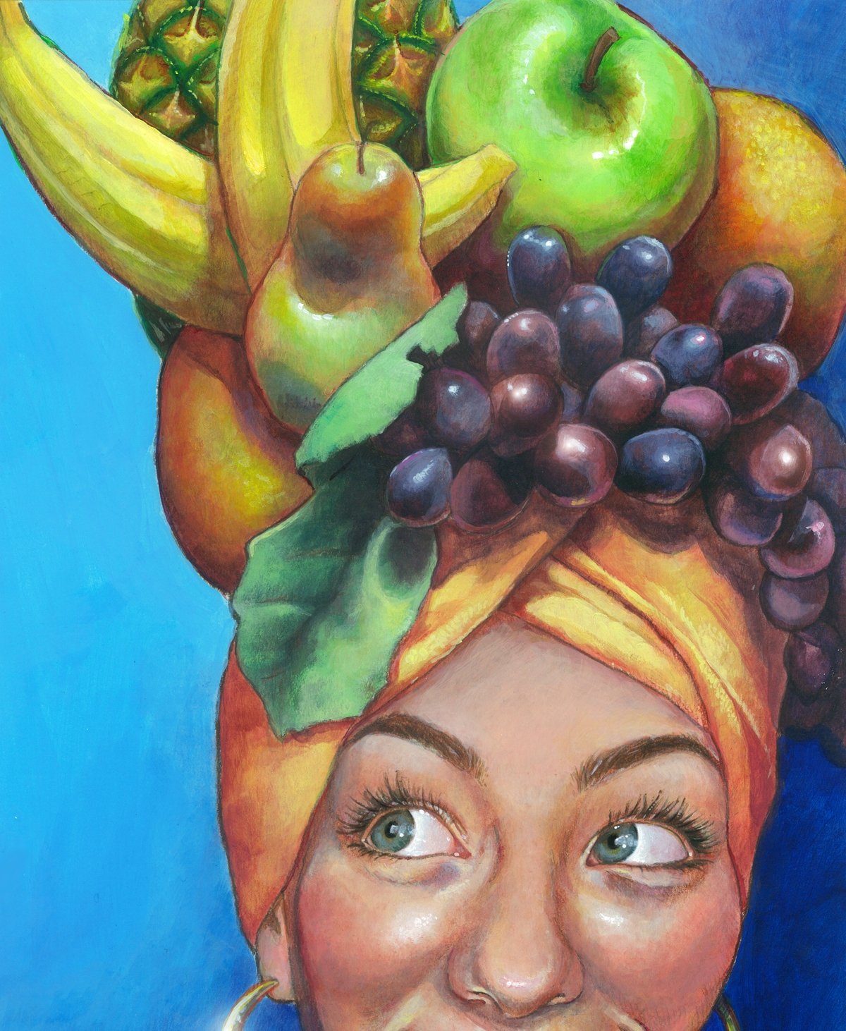 Фрукт чел. Женщина с фруктами на голове. Девушка с фруктамитна голове. Портрет человека из овощей и фруктов. Портрет из фруктов рисунок.