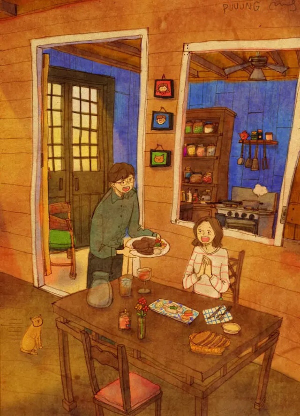 Рисует быт. Корейский художник puuung. Уютные семейные иллюстрации. Иллюстрации быта. Современный быт рисунок.