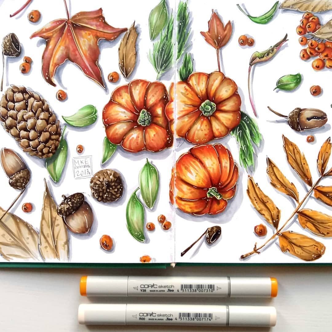 Осенний скетч маркерами