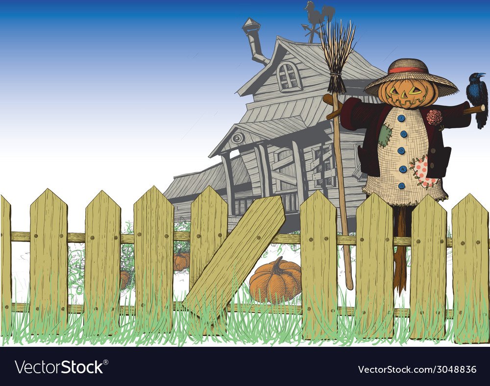 Пугало в осеннем огороде