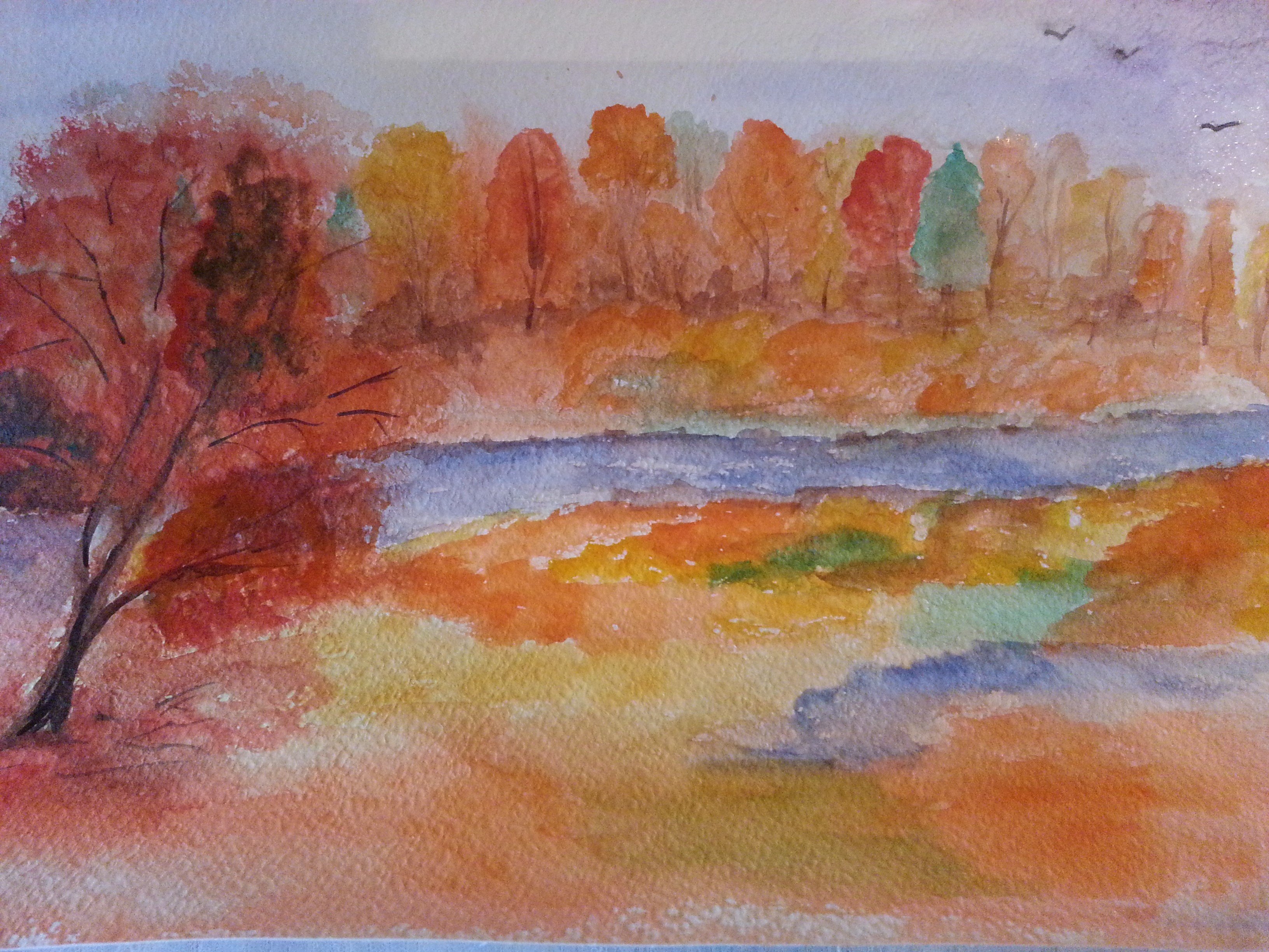Рисование по мокрому в старшей группе. Осенний пейзаж акварелью. Осенний пейзаж акварелью для детей. Рисование акварелью осень. Рисование осеннего пейзажа акварелью.