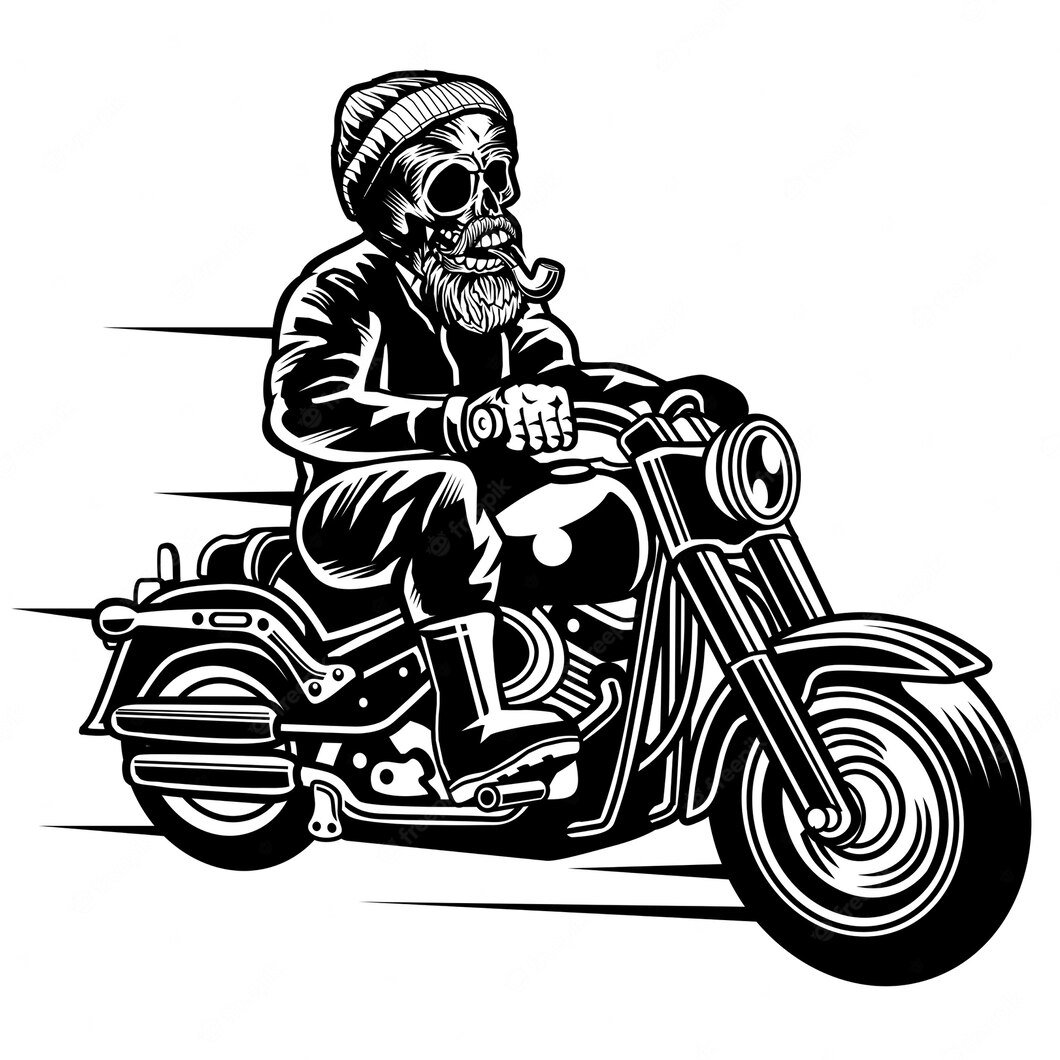 бородатый байкер харли дэвидсон. нарисованный мотоциклист. мотоцикл рисунок. мотоцикл арт. байкер арт.