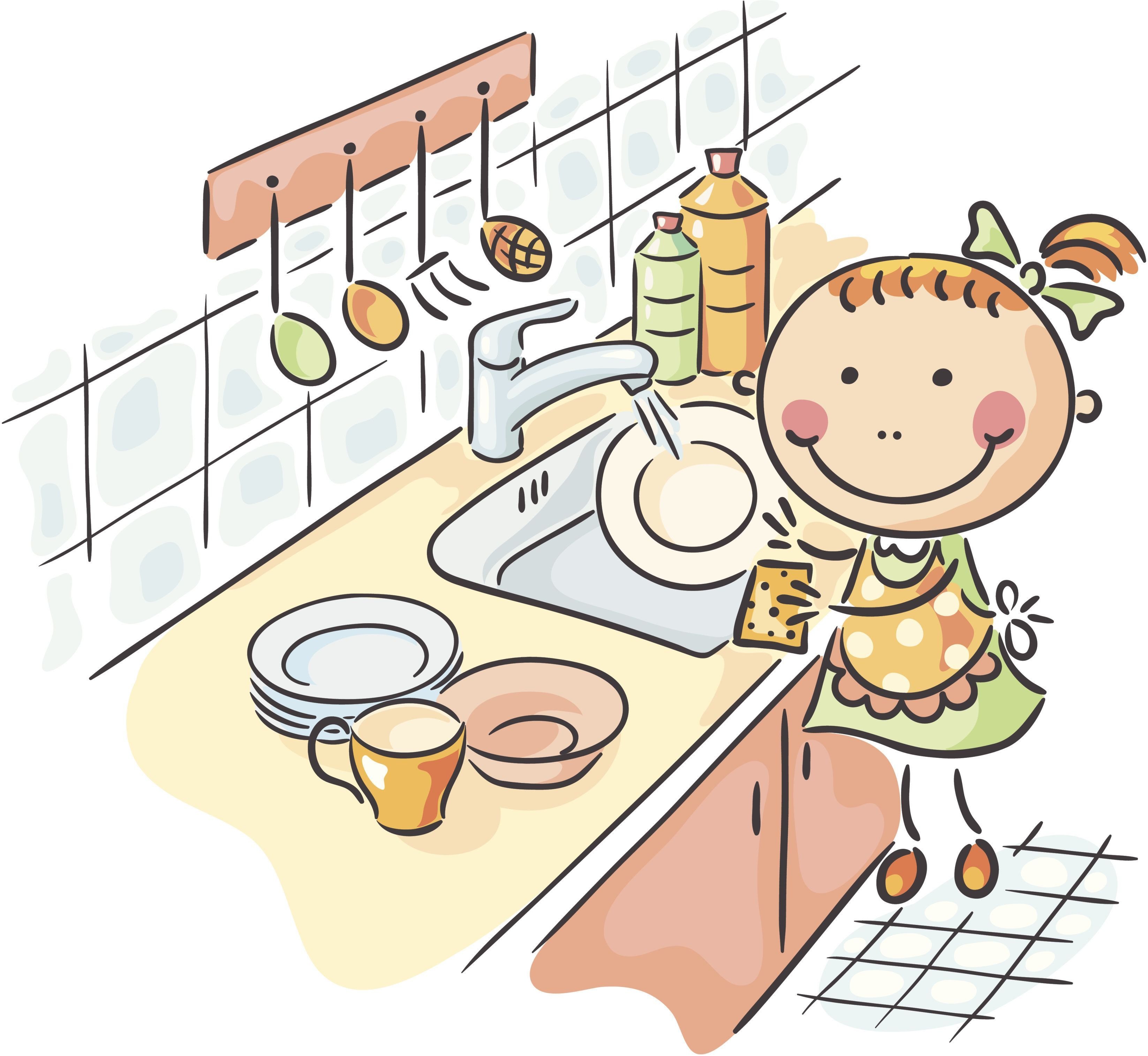 Helen wash the dishes for fifteen minutes. Мытье посуды для детей. Домашние дела иллюстрация. Кухня иллюстрация. Мытье посуды рисунок для детей.