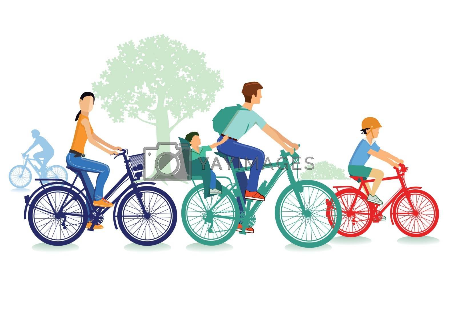 Рисунок прокат. Семейные прогулки на велосипеде мультяшные. Семья на велосипедах. Семья на велосипедах вект. Велосипедист на белом фоне.