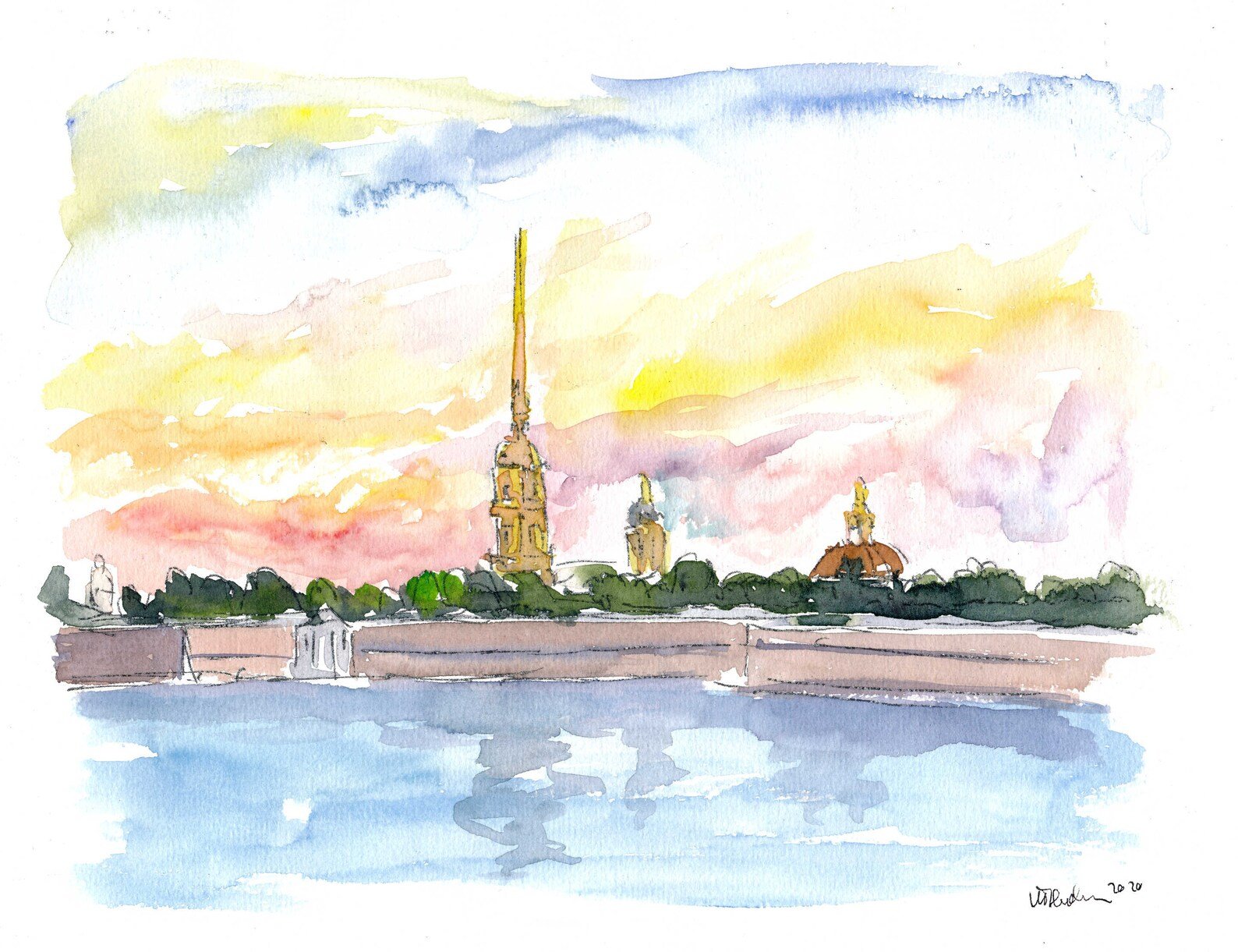 Нарисованная Петропавловская крепость через мосты