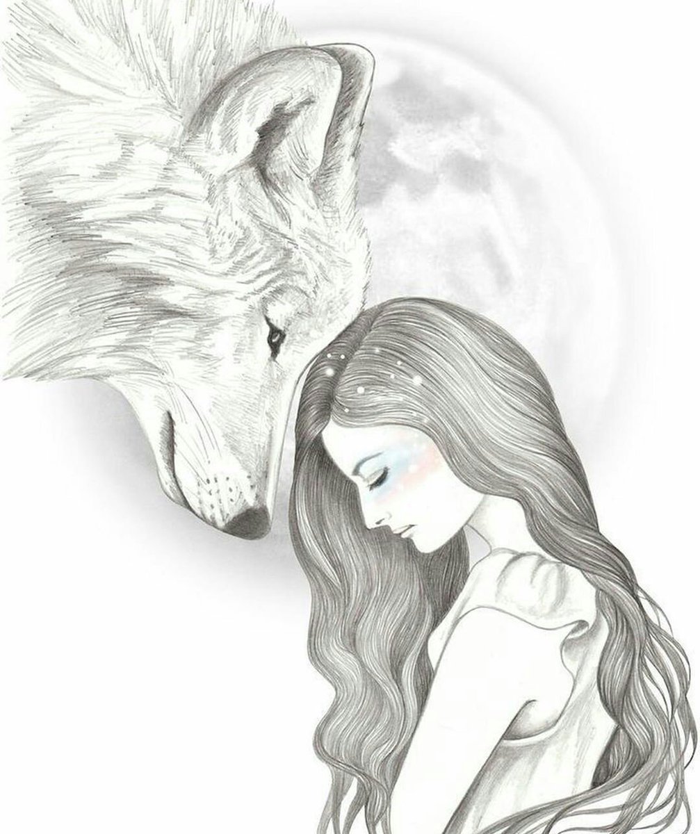 Волк и девушка рисунок карандашом
