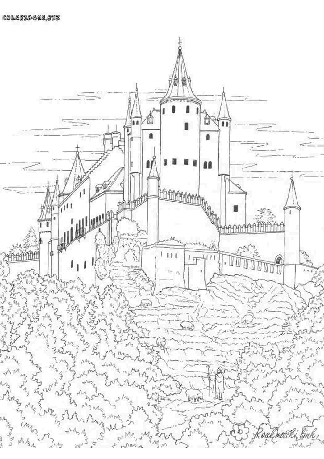 Красивый средневековый замок раскраска