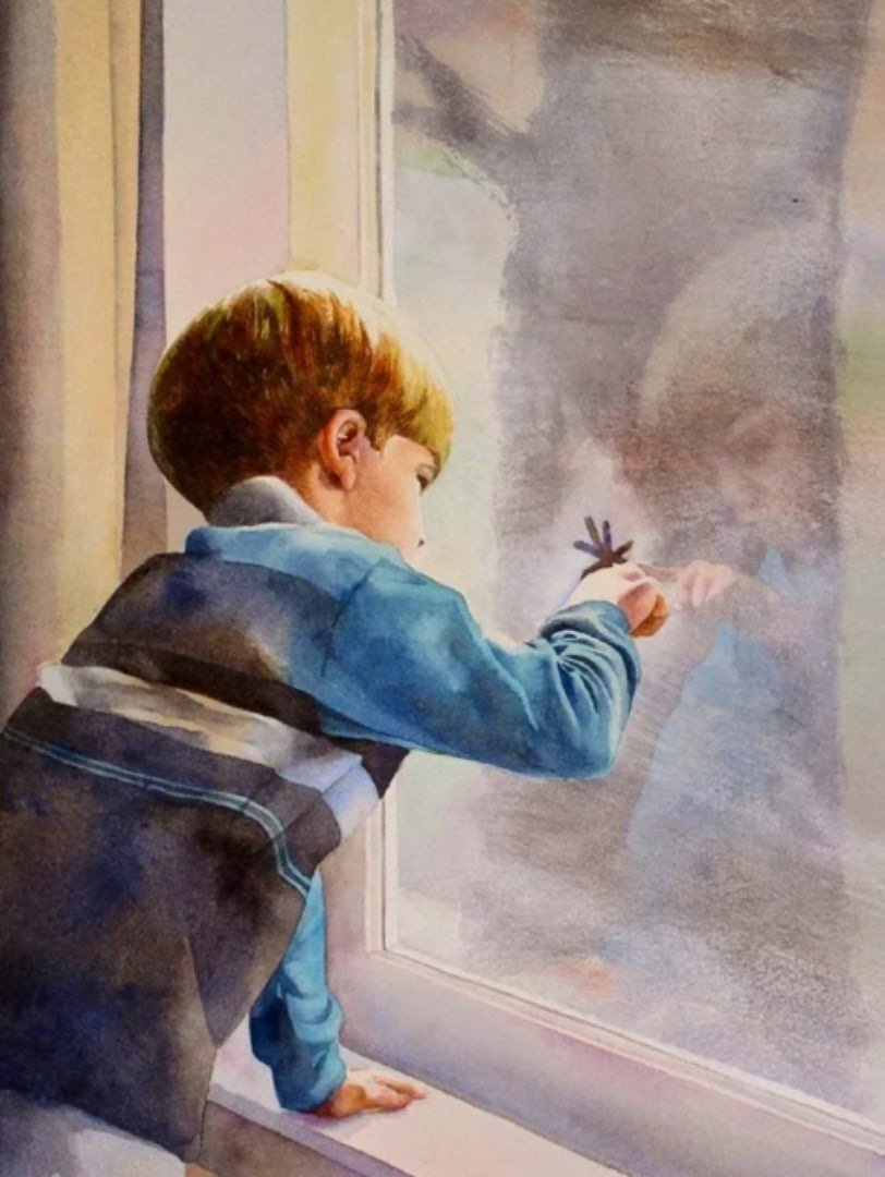 Грустный мальчик в окне. Мальчик акварель. Мальчик у окна. Окно иллюстрация. Дети у окна живопись.