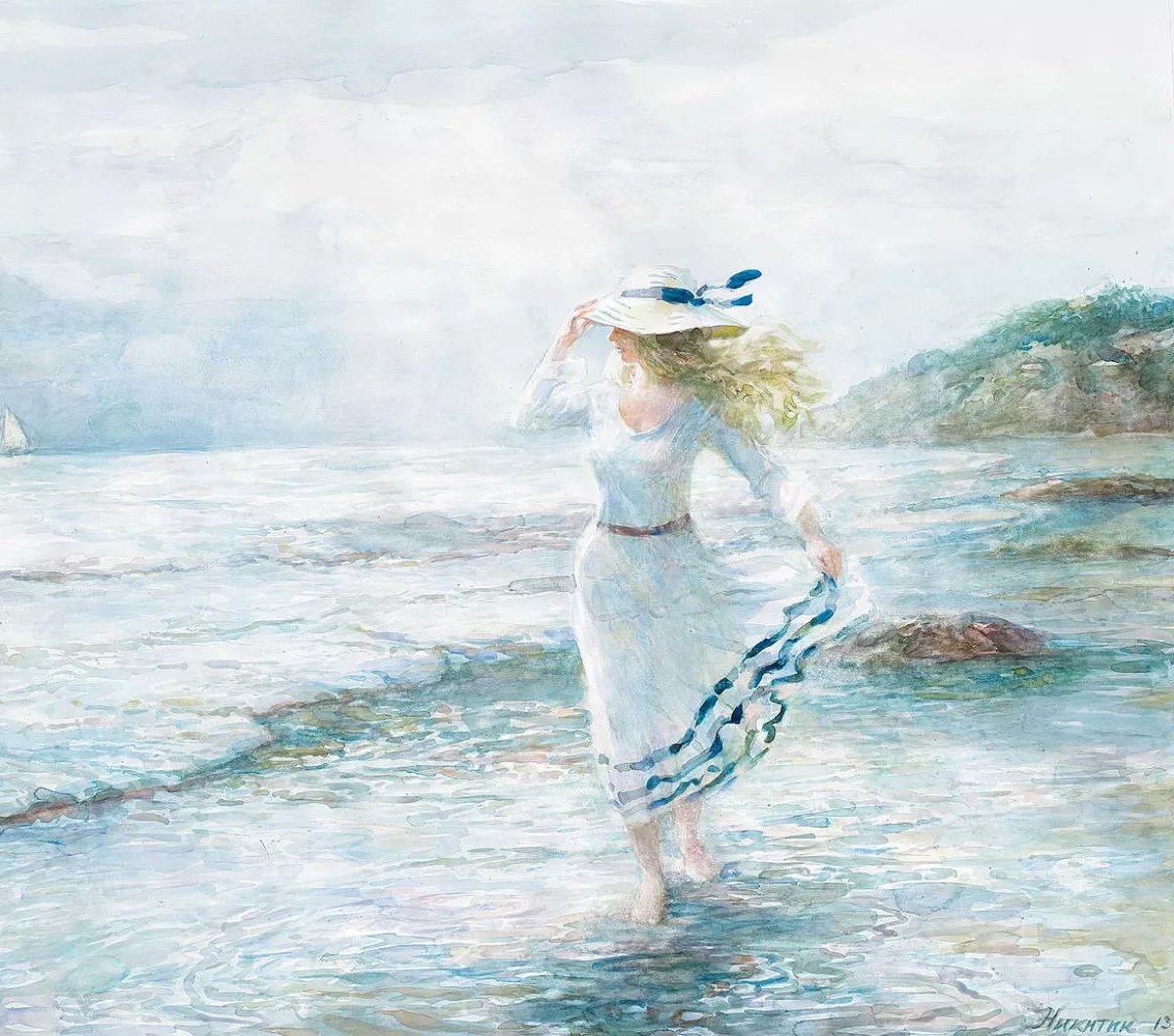 Картина беги. Девушка и море акварель. Девушка Бегущая по волнам. Женщина в шляпе у моря живопись. Девушка на берегу моря акварель.
