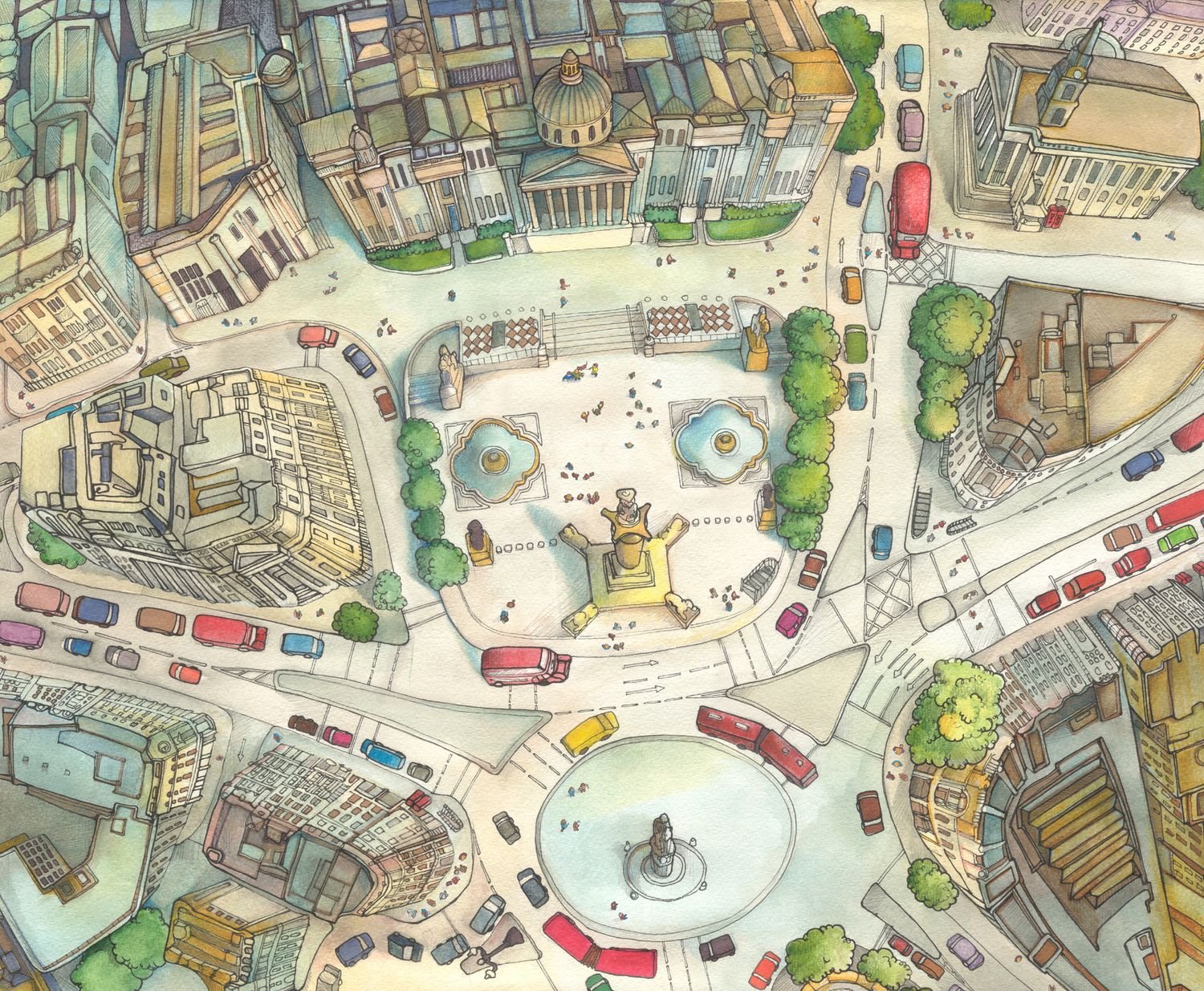 Красивые нарисованные карты. Трафальгарская площадь в Лондоне вид сверху. Город иллюстрация. Город рисунок. Нарисованный город вид сверху.