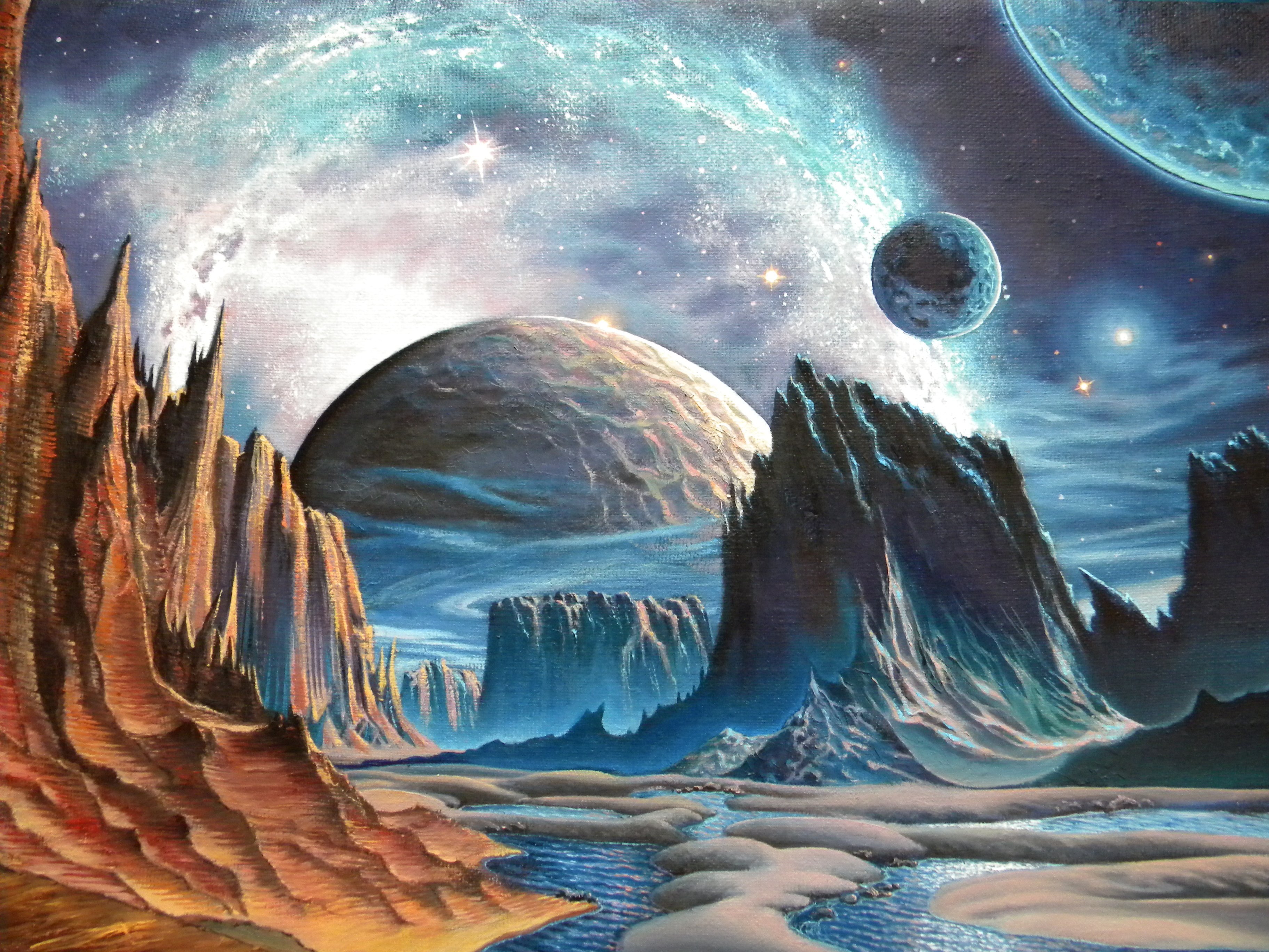 Неизведанная планета. Фантастический пейзаж в живописи. Фантастическая живопись.