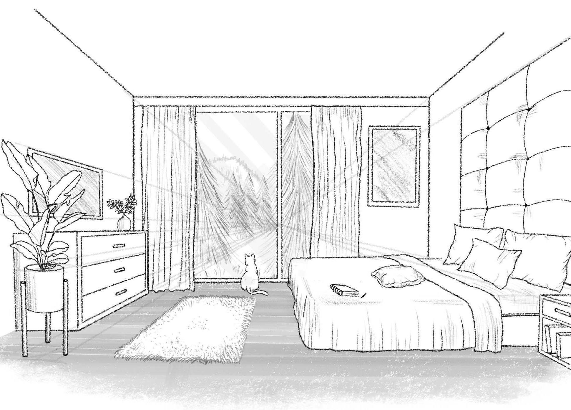 Рисунок комнаты. Нарисовать комнату. Набросок комнаты карандашом. Угловая перспектива спальни.