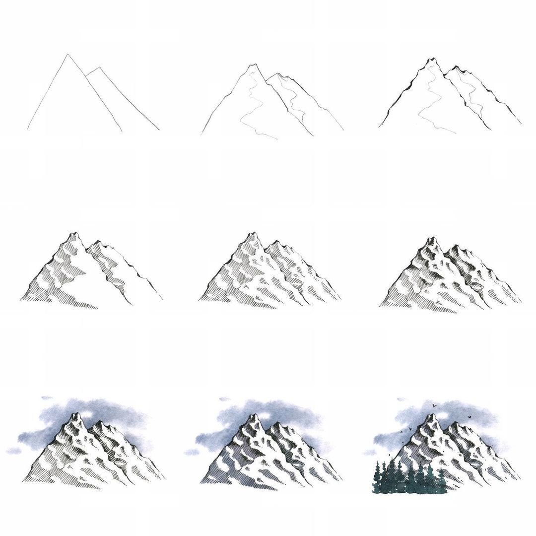 Легкие горы читать краткое. Горы для рисования. Горы пошаговое рисование. Ка рисуюца горы. Рисунки горы легкие.