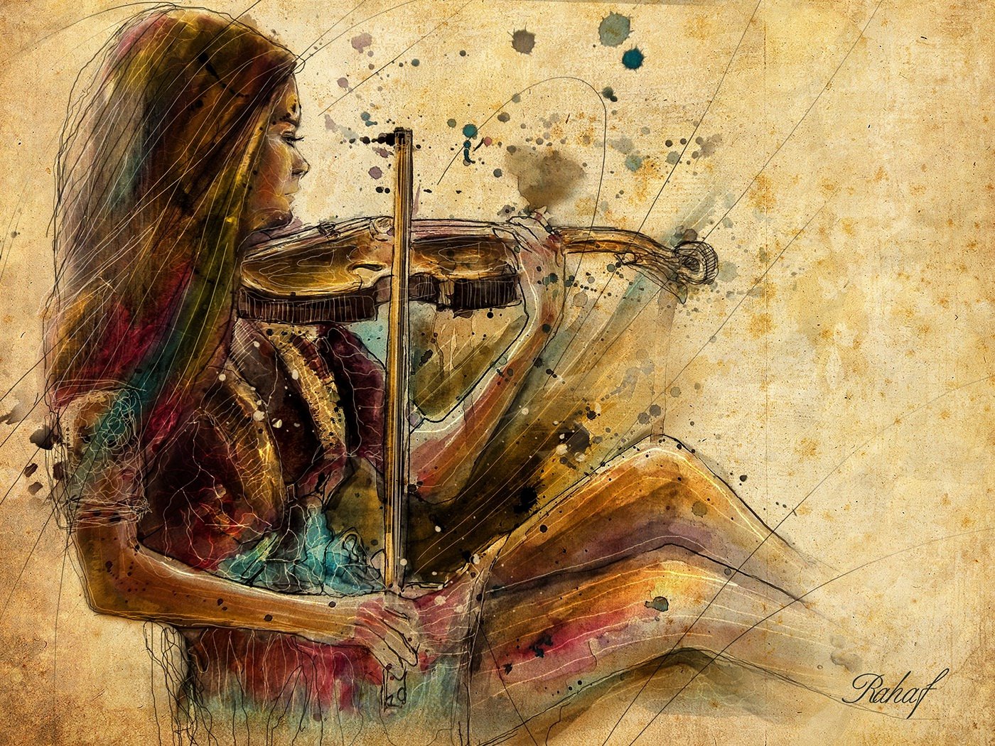 Музыка это искусство. Rahaf dk Albab. Сирийская художница Рахаф ДК албаб. Скрипач акварель. Скрипачка акварель.