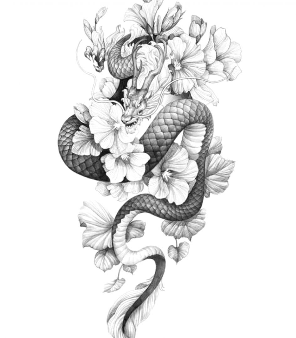 Змея и цветок 2. Тату дракон с цветами. Дракон тату эскиз. Японский дракон с цветами. Эскиз тату дракон с цветами.