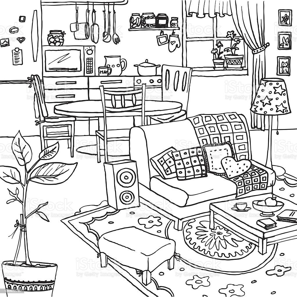 Зарисовка интерьера кухни-гостиной