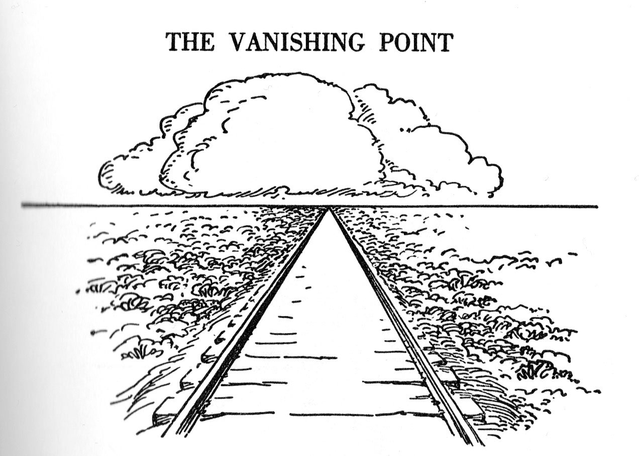 Сначала плавно. Железная дорога 1 точка схода. Точка схода в рисунке. Линейная перспектива рисунок. Рисунок с низкой линией горизонта.