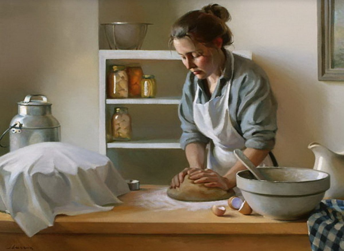 Женщина печет хлеб. Джеффри т. Ларсон картины. Jeffrey Larson художник. Картины на кухню. Женщина на кухне живопись.