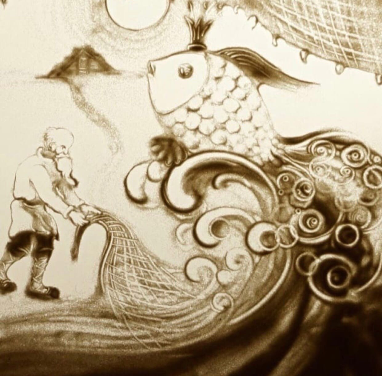 Театр золотая рыбка. Золотая рыбка Пушкина. Песочная сказка Золотая рыбка. Песочная анимация Золотая рыбка. Золотая рыбка сказка Пушкина.
