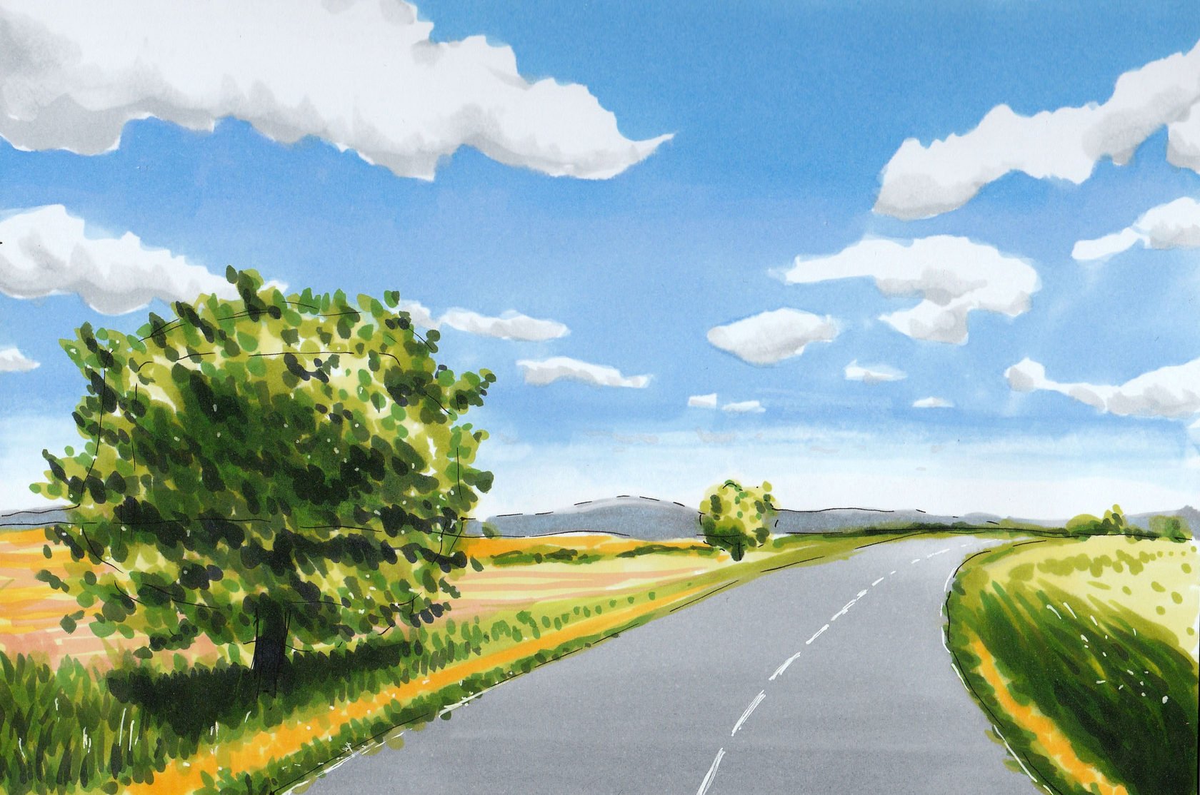 Третий класс дорог. "Линейная перспектива" - пейзаж "Тоскана". Пейзаж с дорогой. Природа рисунок. Легкие пейзажи.