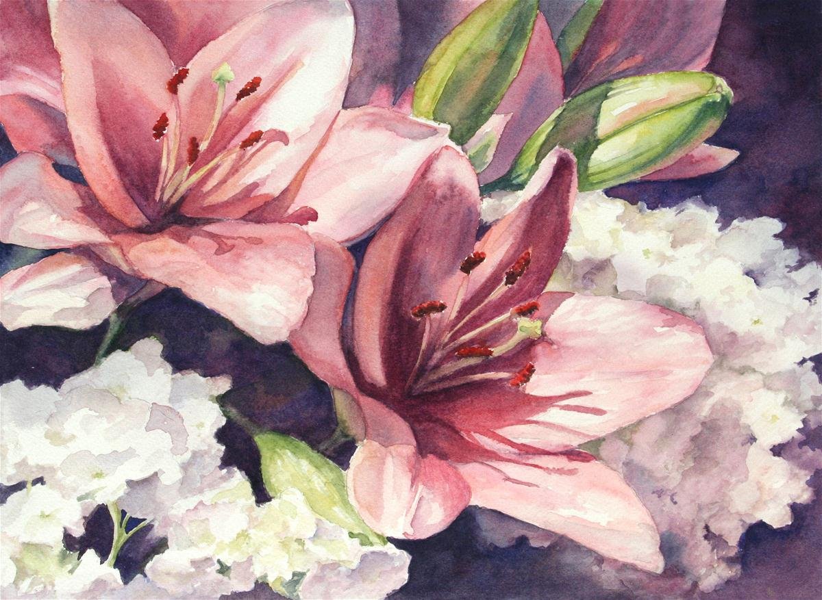 Лилии акварелью