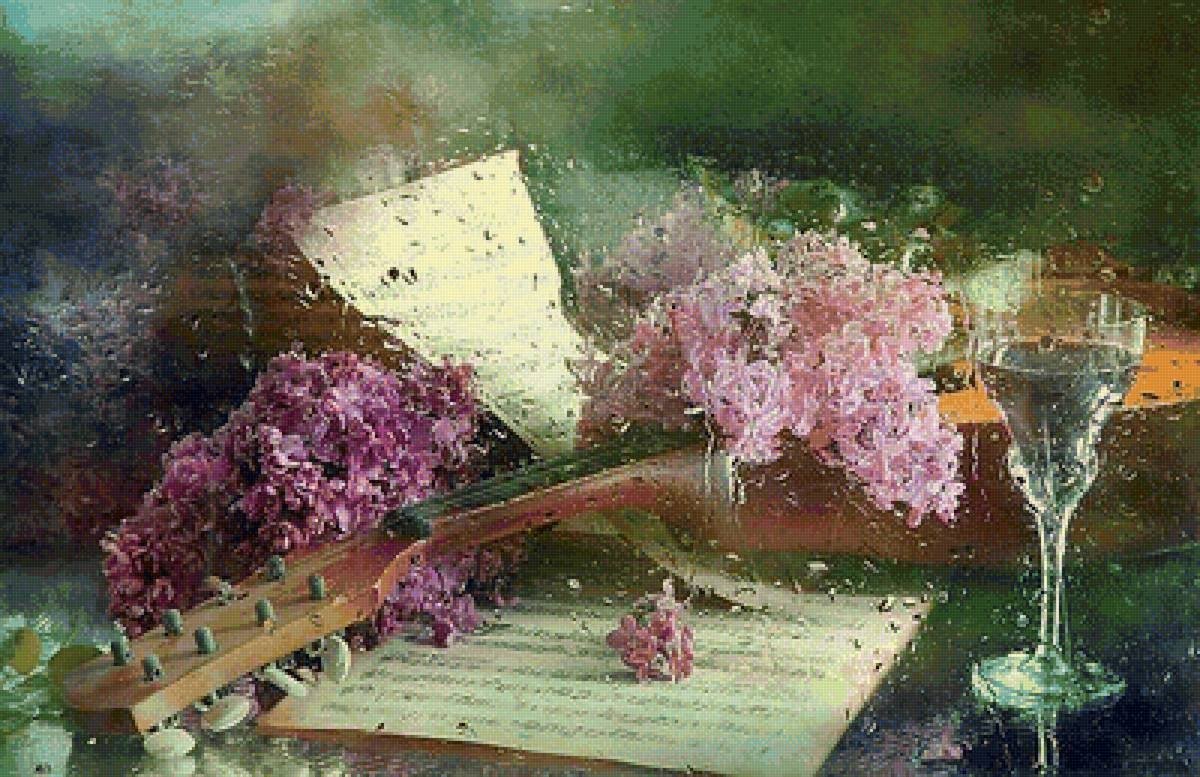 Гитара и сирень натюрморт