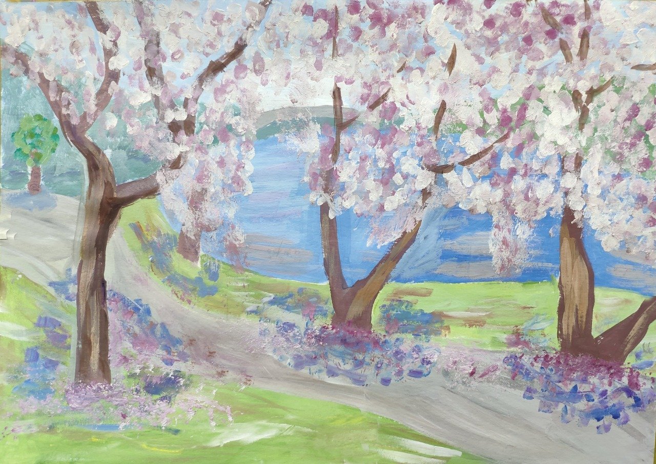 Рисование цветущий сад. Весенний пейзаж для детей. Рисование весеннего пейзажа.