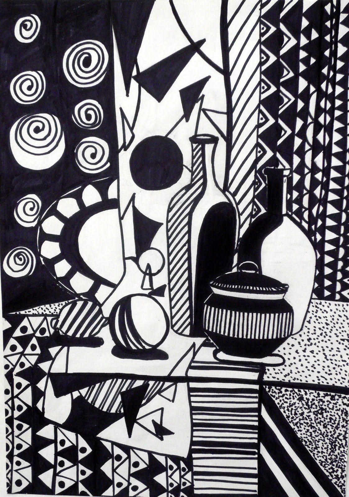 зарисовки бытовых предметов. матисс линогравюра. натюрморт черным фломастером. стилизованный натюрморт. натюрморт в графике.