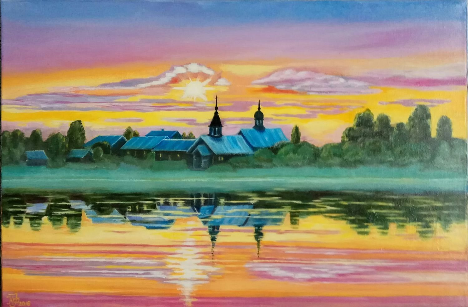 Рассвет на реке рисунок - 78 фото