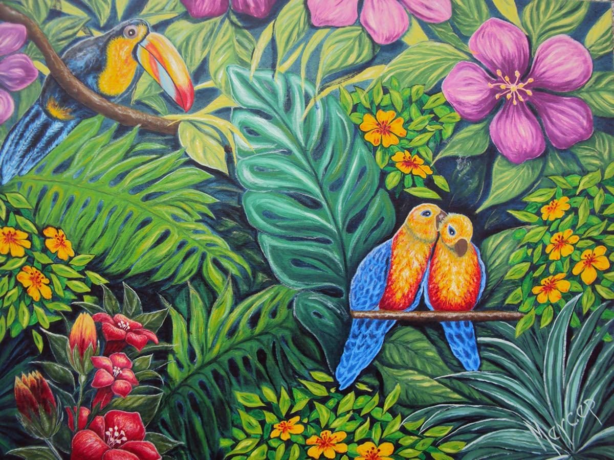 Пошла молли райские цветы. Райские птицы живопись. Тропический лес живопись. Картина растения. Тропические цветы в живописи.