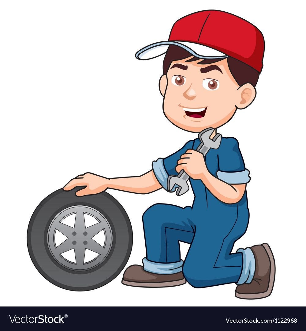 Автомеханик мультяшный на белом фоне
