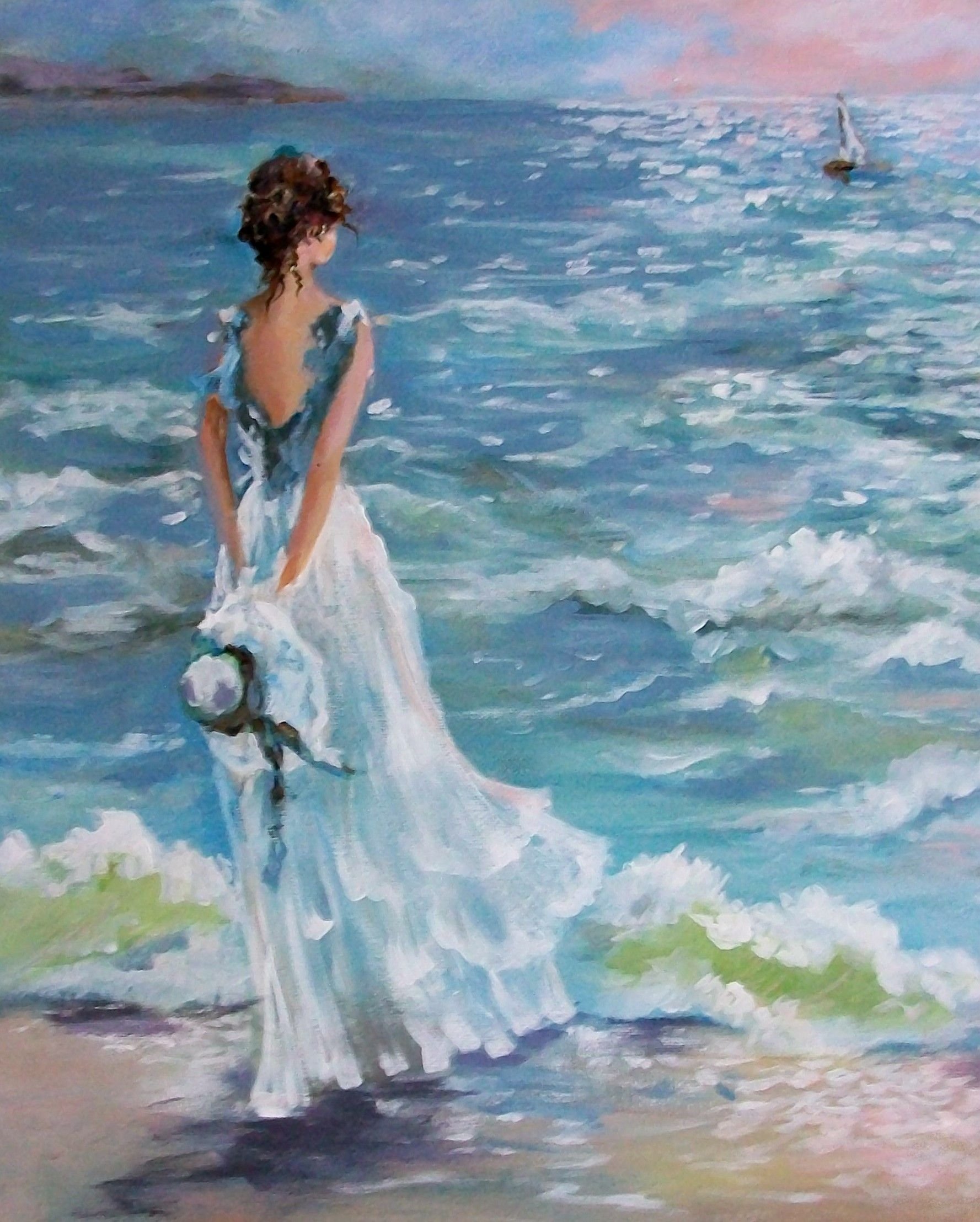 Волнующие картины. Девушка-море. Морской пейзаж с людьми. Девушка у моря картина.