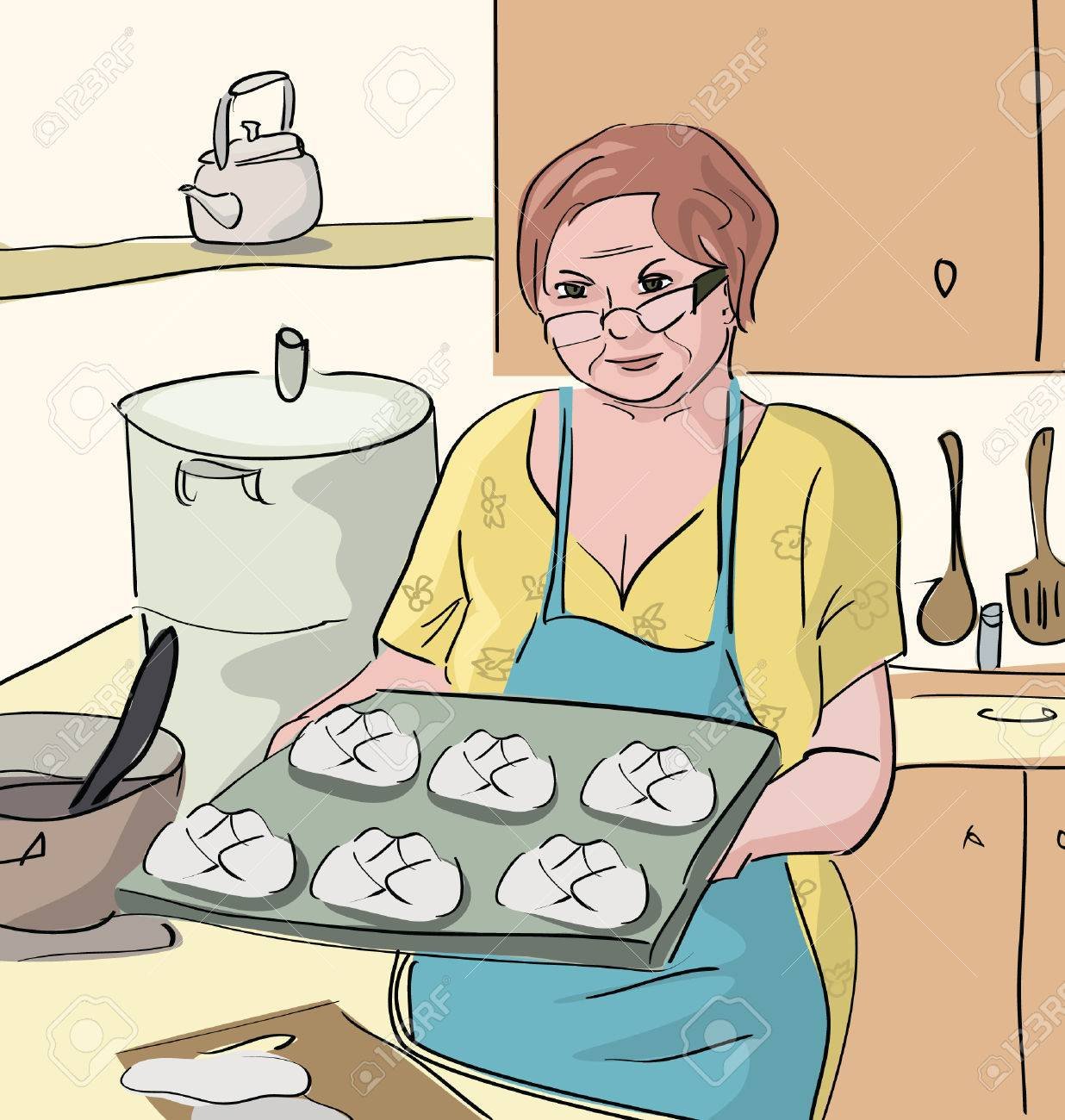 Мама готовит пирог. Готовка на кухне рисунок. Бабушка готовит пирог. Бабушка стряпает. Старушка на кухне иллюстрация.