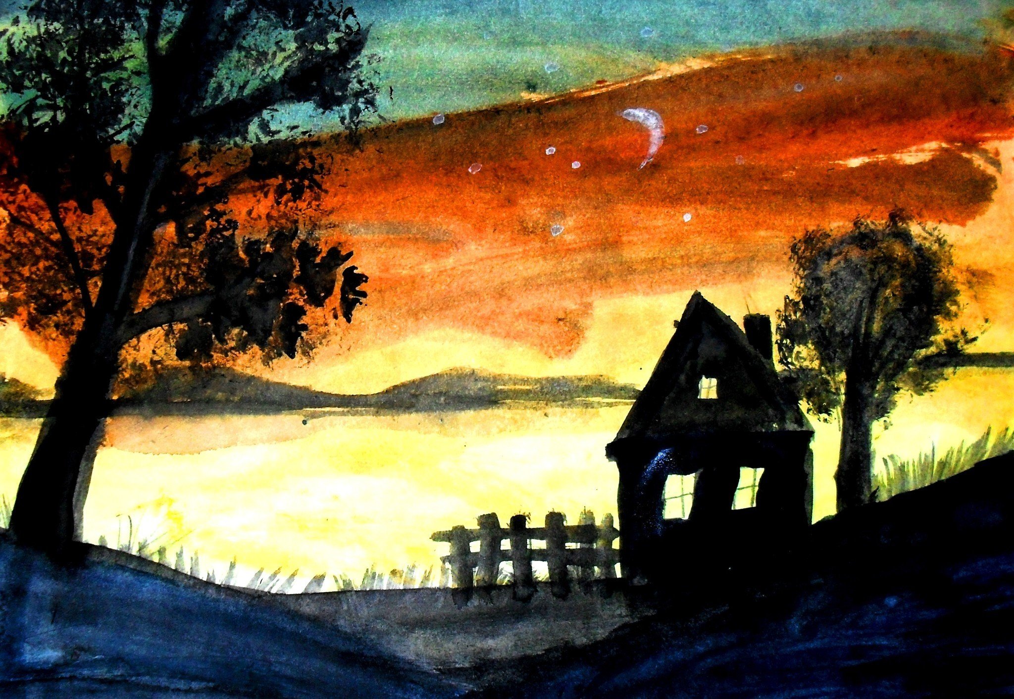 Вечер на оке тема. Вечер рисунок. Иллюстрация ночного пейзажа. Изо ночной пейзаж. Вечерний пейзаж рисунок.