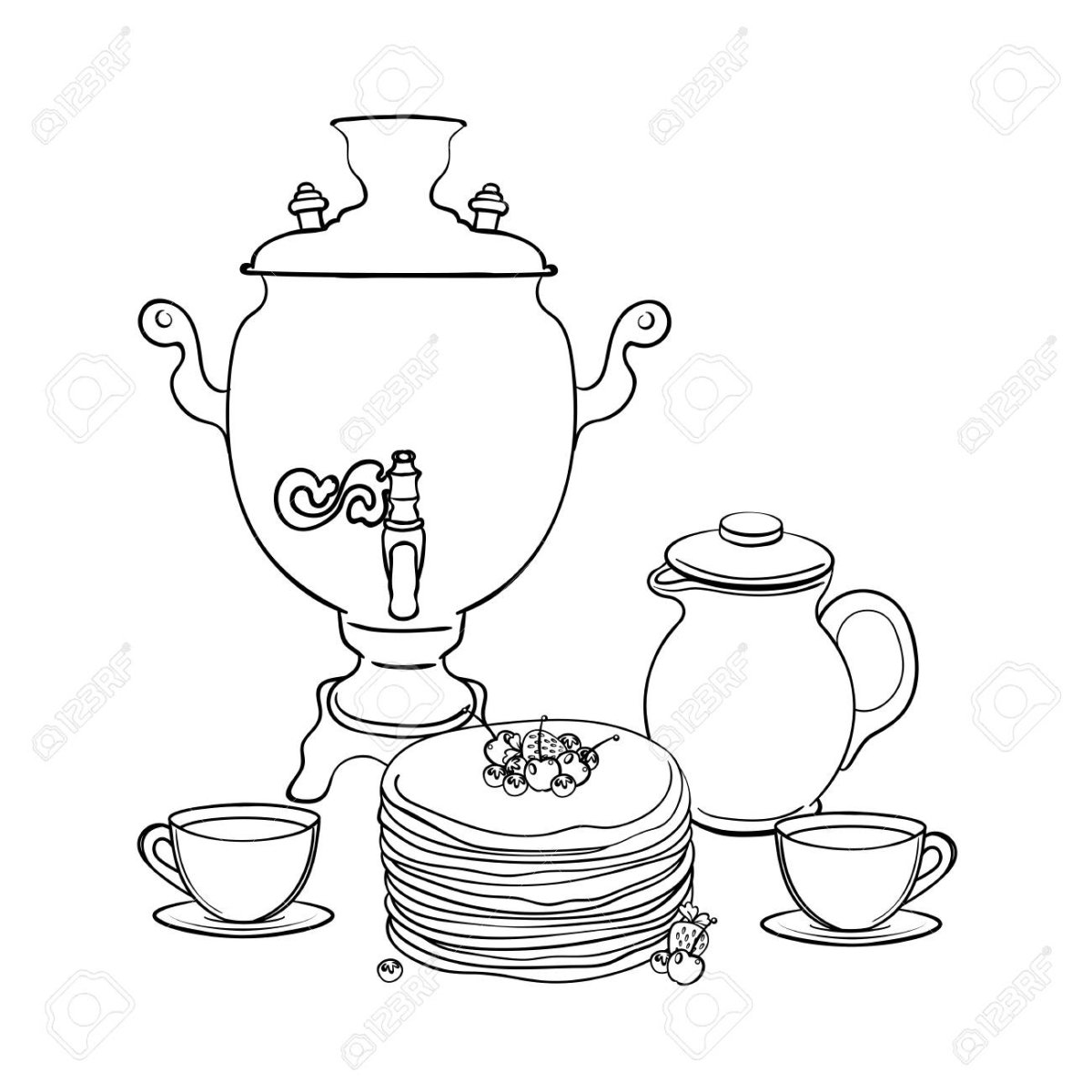 Самовар с баранками раскраска - 63 фото