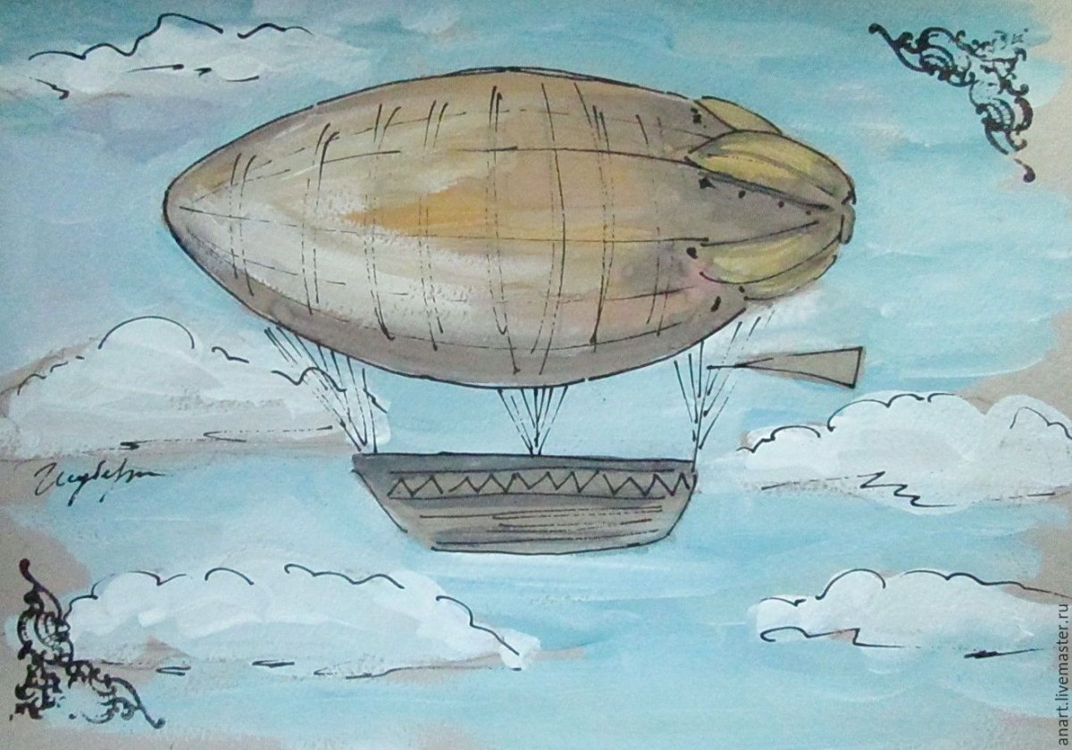 Дирижабль Цеппелин акварель