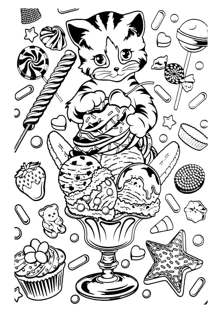 Разукрашки котики с едой