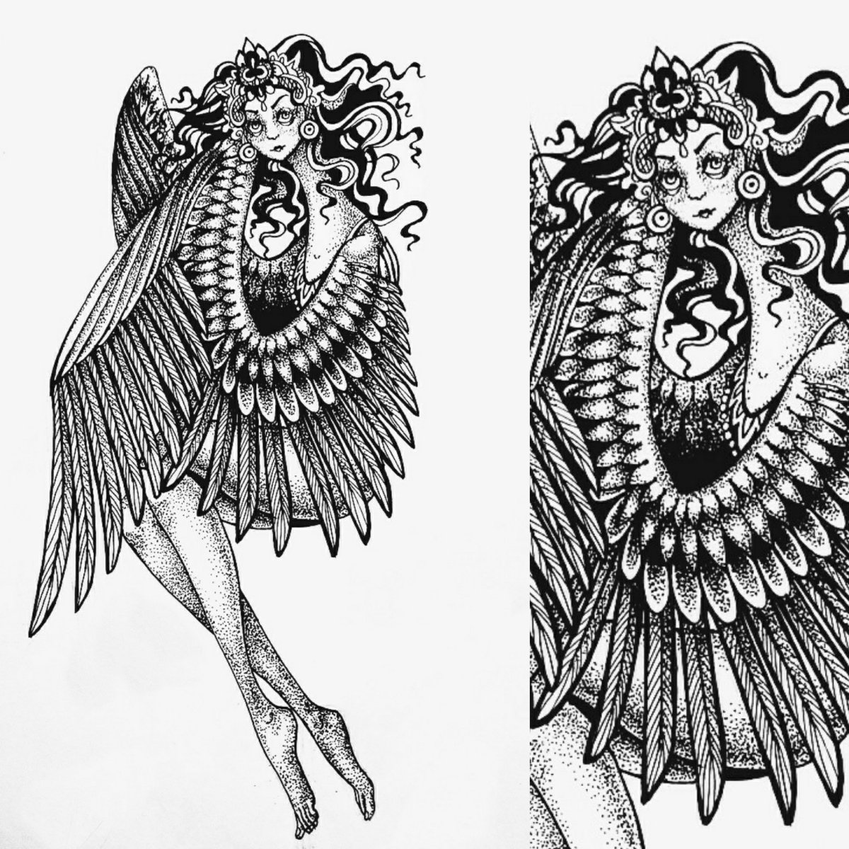 Птица Сирин рисунок маркером чб